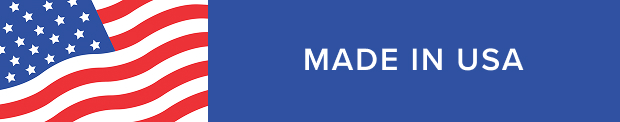 An illustration of the American flag waving on the left, with a blue background on the right displaying the white text "MADE IN USA.