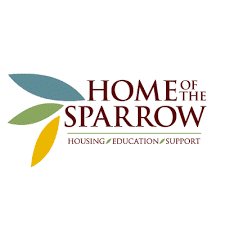 Home of the Sparrow logo with three stylized leaves in blue, green, and yellow, and the text "HOME OF THE SPARROW" above "HOUSING • EDUCATION • SUPPORT.