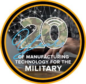 A circular badge reads "20 Years of Manufacturing Technology for the Military" with "20" in camouflage print and a network pattern overlay, and hands typing on a laptop in the background.