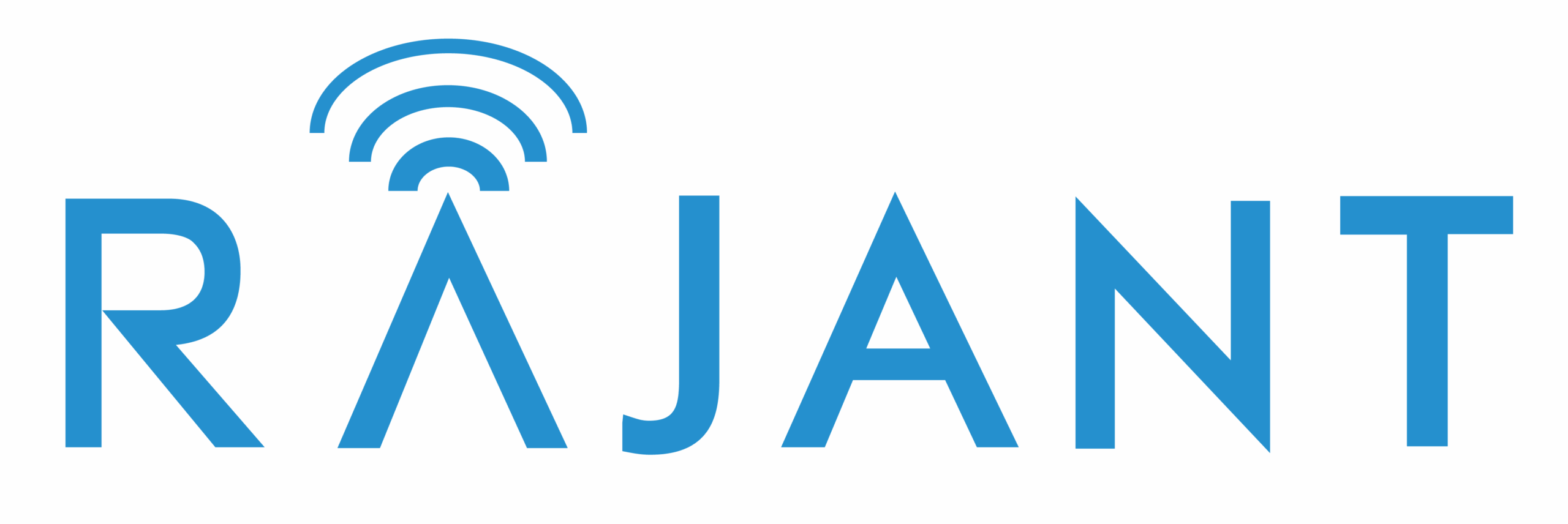 The image shows the word "RAJANT" in blue capital letters. The letter "A" has a wireless signal icon above it, integrating with the design to suggest connectivity or communication.