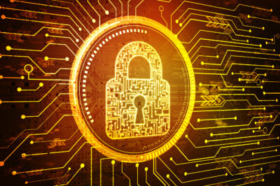 A glowing padlock icon with circuit patterns is displayed in the center, symbolizing cybersecurity and data protection, against a background of bright yellow and orange electric circuits.