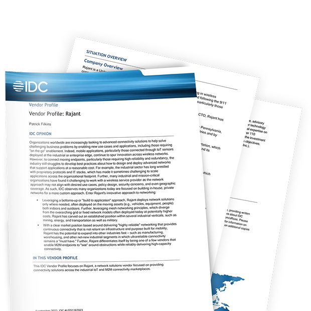 Two overlapping IDC-branded vendor profile documents with blue headers, visible text sections, and a partial world map in the lower right corner. The content discusses a company's technology solutions.