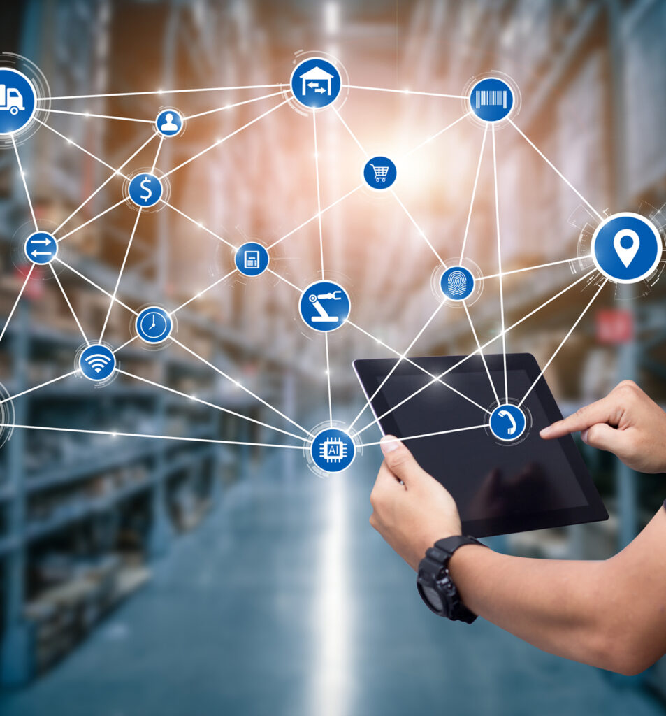A person uses a tablet in a warehouse, with digital supply chain icons connected by lines superimposed, representing logistics, inventory, and technology integration in modern supply chain management.