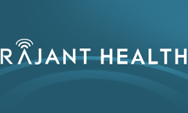Logo for Rajant Health on a teal background with white text. The letter "A" in "Rajant" features a wireless signal icon above it, and there are curved lines in the background.
