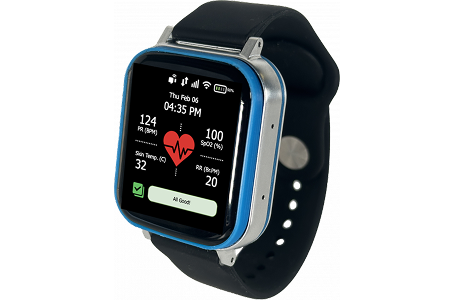 A black smartwatch with a square screen displaying heart rate, steps, blood pressure, and time. The watch has a blue metallic edge and is shown at an angle against a white background.