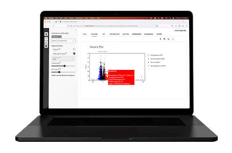 A black laptop displays a data analysis tool with a volcano plot graph, highlighted data points, and a red pop-up data box on its screen. The software interface has various analysis options on the left side.