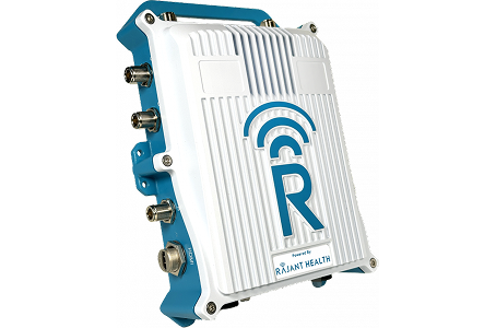 A white and blue electronic device with several ports on its side, featuring a large letter "R" and signal icon on the front, labeled "Rajant Health.