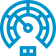A blue icon showing a radar-like circular design with a dot and line indicator, and a USB connector symbol at the bottom.