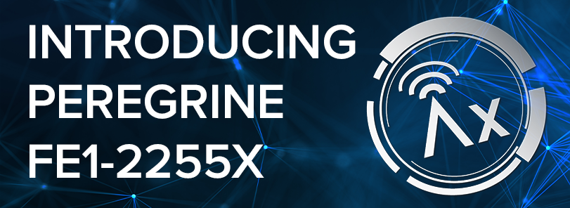 White text reads “INTRODUCING PEREGRINE FE1-2255X” on a blue, network-like background. To the right, there’s a circular silver logo with a tech design and stylized "Aλ" symbols inside.