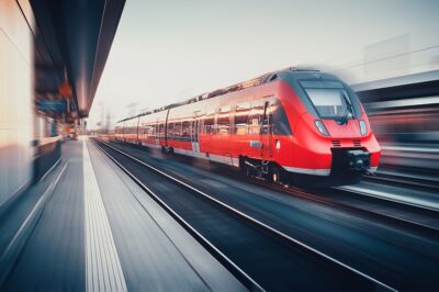 A bright red modern passenger train speeds through a blurred urban train station, creating a sense of motion and urgency as it travels along the tracks.