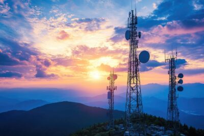 Telecommunication towers with antennas stand on a mountain at sunset, with vibrant clouds and colorful sky in the background, overlooking distant hills and valleys.