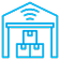 Blue line icon of a warehouse with three stacked boxes inside and a wireless signal symbol above the roof, representing smart or connected inventory management.