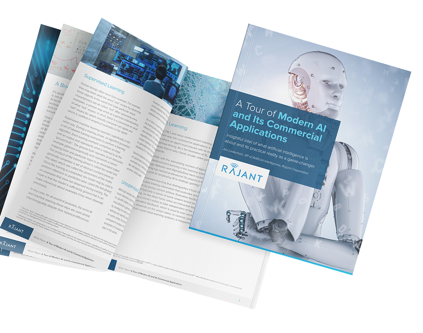 Three open brochures are displayed, with the top one showing a humanoid robot and the title "A Tour of Modern AI and Its Commercial Applications" from Rajant. The pages feature text, graphics, and technology-related imagery.