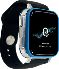A black and blue smartwatch with a rectangular touchscreen displaying a glowing symbol and the words "Powered by Radiant Health" on its screen, shown at an angle to highlight the side buttons and band.