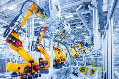 Yellow robotic arms assemble car bodies in a bright, modern factory with metal pipes and overhead lights, illustrating advanced automation in automotive manufacturing.