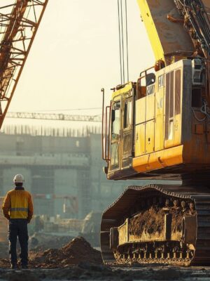 A construction worker wearing a yellow jacket and white helmet stands on a dirt site near a large yellow excavator and crane, with an industrial building and cranes visible in the background.