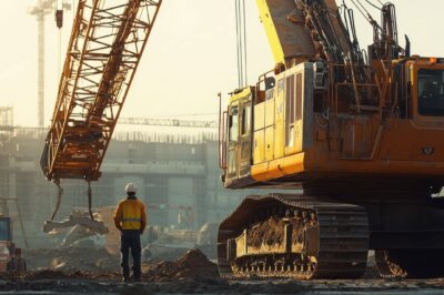 A construction worker wearing a yellow jacket and white helmet stands on a dirt site near a large yellow excavator and crane, with an industrial building and cranes visible in the background.