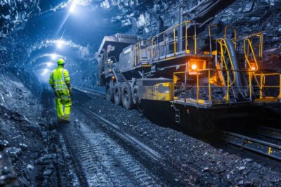 A worker in high-visibility clothing walks through a dimly lit underground mine tunnel beside large mining equipment, with rugged rock walls and tracks on the ground.