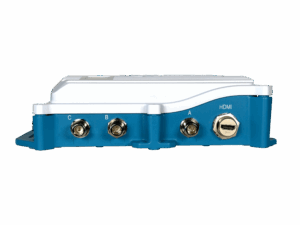 A close-up view of an electronic device showing three coaxial connectors labeled C, B, A, and one HDMI port on a blue and white panel.