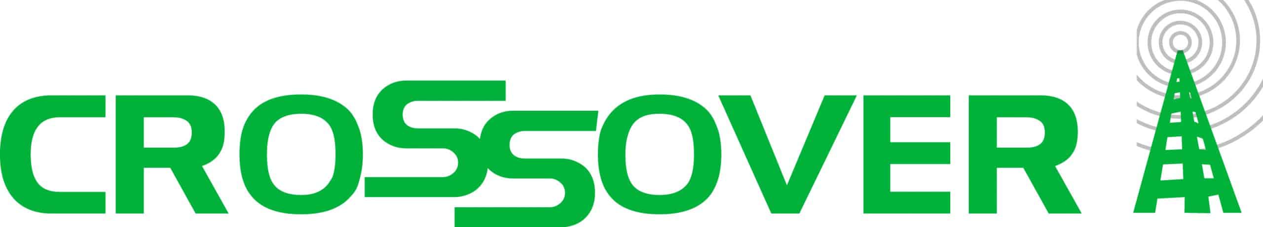 The word "CROSSOVER" in bold green letters, with the second "S" designed to look dynamic, and the "A" in "OVER" replaced by a radio tower emitting signal waves.