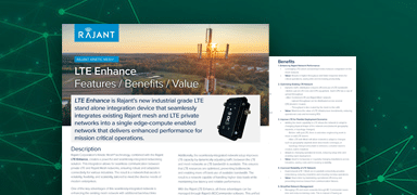 A brochure for Rajant’s LTE Enhance device features a telecommunications tower at sunrise, product details, a black device image, and a list of features, benefits, and value on a green, tech-themed background.