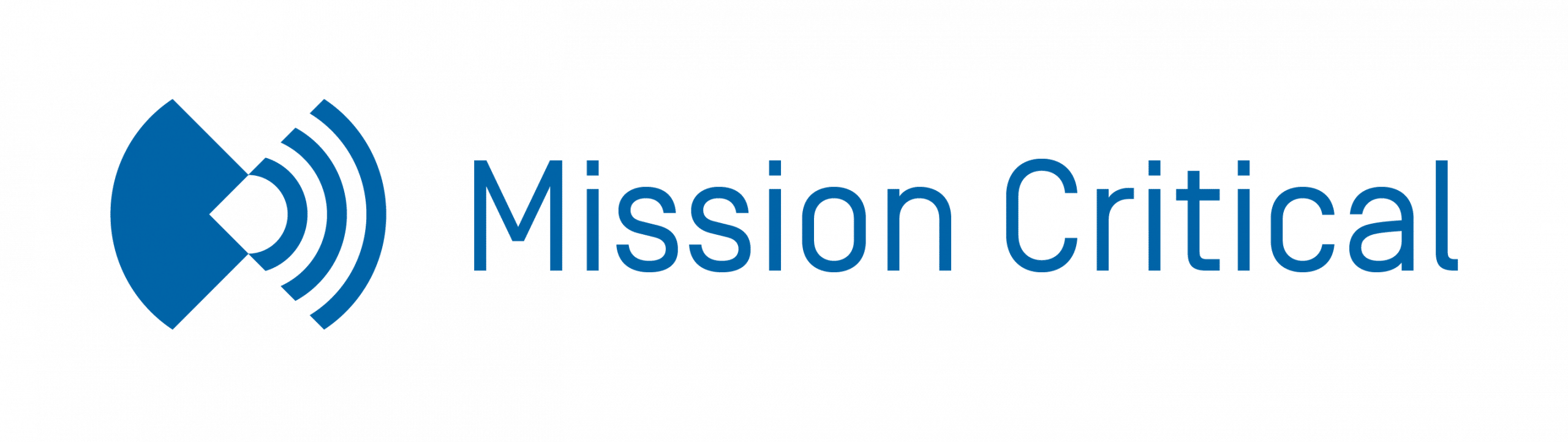Blue logo with three curved lines radiating from a central point on the left, next to the text "Mission Critical" in blue on a white background.