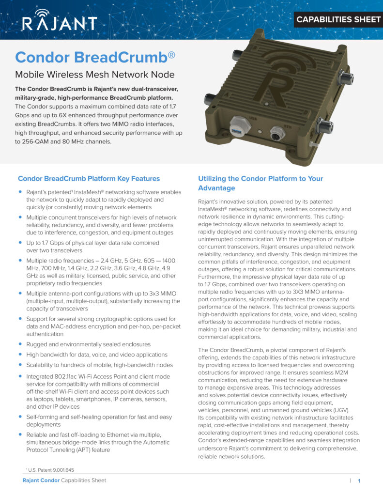A capabilities sheet featuring the Rajant Condor BreadCrumb, a rugged wireless mobile network node. The document highlights its key features, technical specifications, and advantages, with an image of the device at the top left.