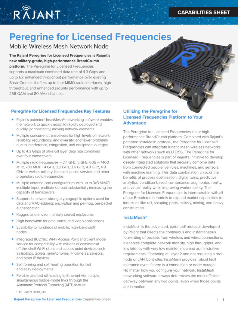 A technical datasheet titled "Peregrine for Licensed Frequencies" describes a wireless mesh network device, featuring a product image of a black, rectangular unit with heat fins and a prominent blue "R" logo. Text details specs and platform benefits.