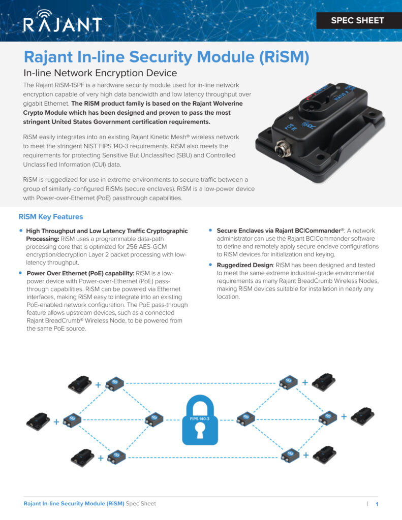 Spec sheet for the Rajant In-line Security Module (RiSM), describing it as a plug-and-play hardware encryption device for network security. Includes product image, key features, diagrams, and contact details.
