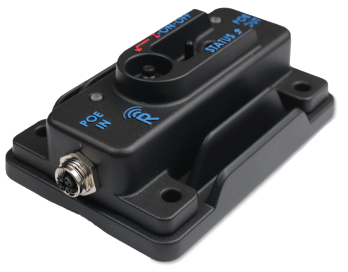 Black rectangular electronic device with labeled ports, including "POE IN" and "STATUS," and a metal connector on one side, mounted on a base with screw holes.