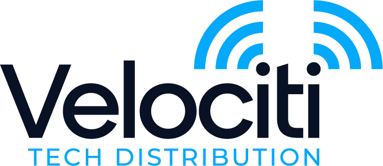 The logo for Velociti Tech Distribution features the company name in bold black text, with blue curved lines resembling a wireless signal above the letters "ti." Below, "Tech Distribution" is written in blue uppercase letters.