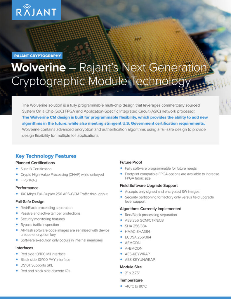 A Rajant marketing flyer for "Wolverine: Rajant’s Next Generation Cryptographic Module Technology" featuring a close-up image of a microchip and listing key features and product specifications.