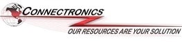 Logo for Connectronics featuring a globe with North and South America in red, the company name "Connectronics," and the slogan "Our Resources Are Your Solution" on a white background with red accents.