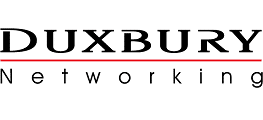 Logo for Duxbury Networking, featuring the company name in bold black letters above a red line, with the word "Networking" in lighter, spaced-out black text below the line.