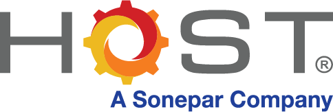 Logo with the word "HOST" in gray; the letter "O" is a gear with red and yellow-orange colors. Below, the text "A Sonepar Company" appears in blue.
