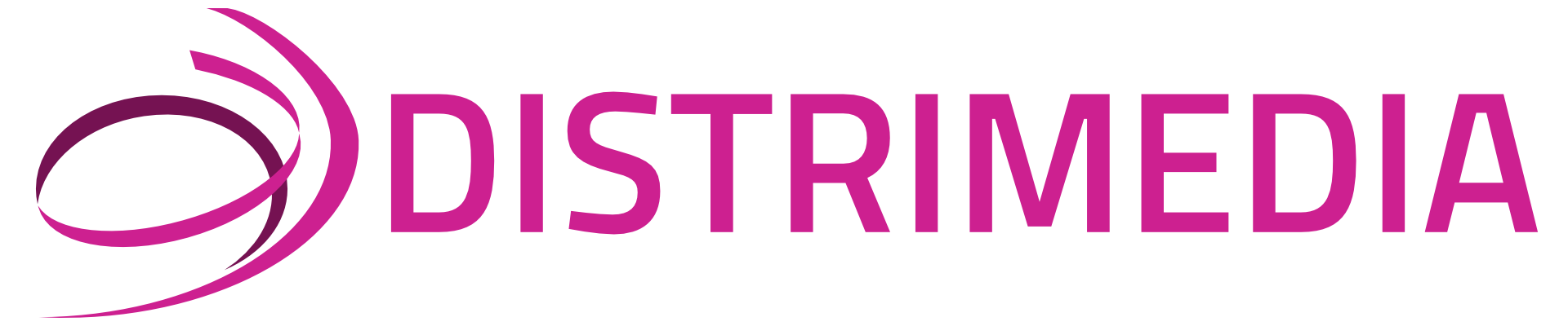 Logo for Distrimedia featuring the company name in bold, pink uppercase letters. To the left of the text, there are abstract, curved lines forming a circular shape in varying shades of pink.