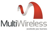 Logo for MultiWireless featuring a red and gray curved ribbon above the company name, with the tagline “accelerate your business” in smaller text below.