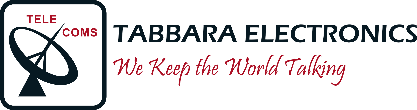 Logo for Tabbara Electronics featuring a satellite dish with the words "Tele Coms" and the slogan "We Keep the World Talking" in red script.