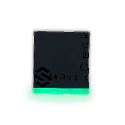 A small, black, square-shaped electronic chip with a logo and faint text on its surface, resting on a glowing green base.