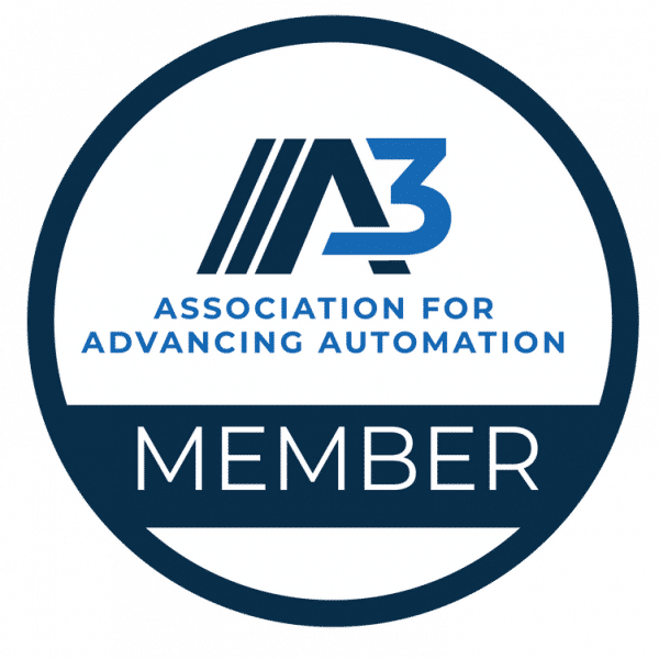 A circular badge with the text "A3 Association for Advancing Automation MEMBER" in blue and white, featuring a stylized "A3" logo at the top.