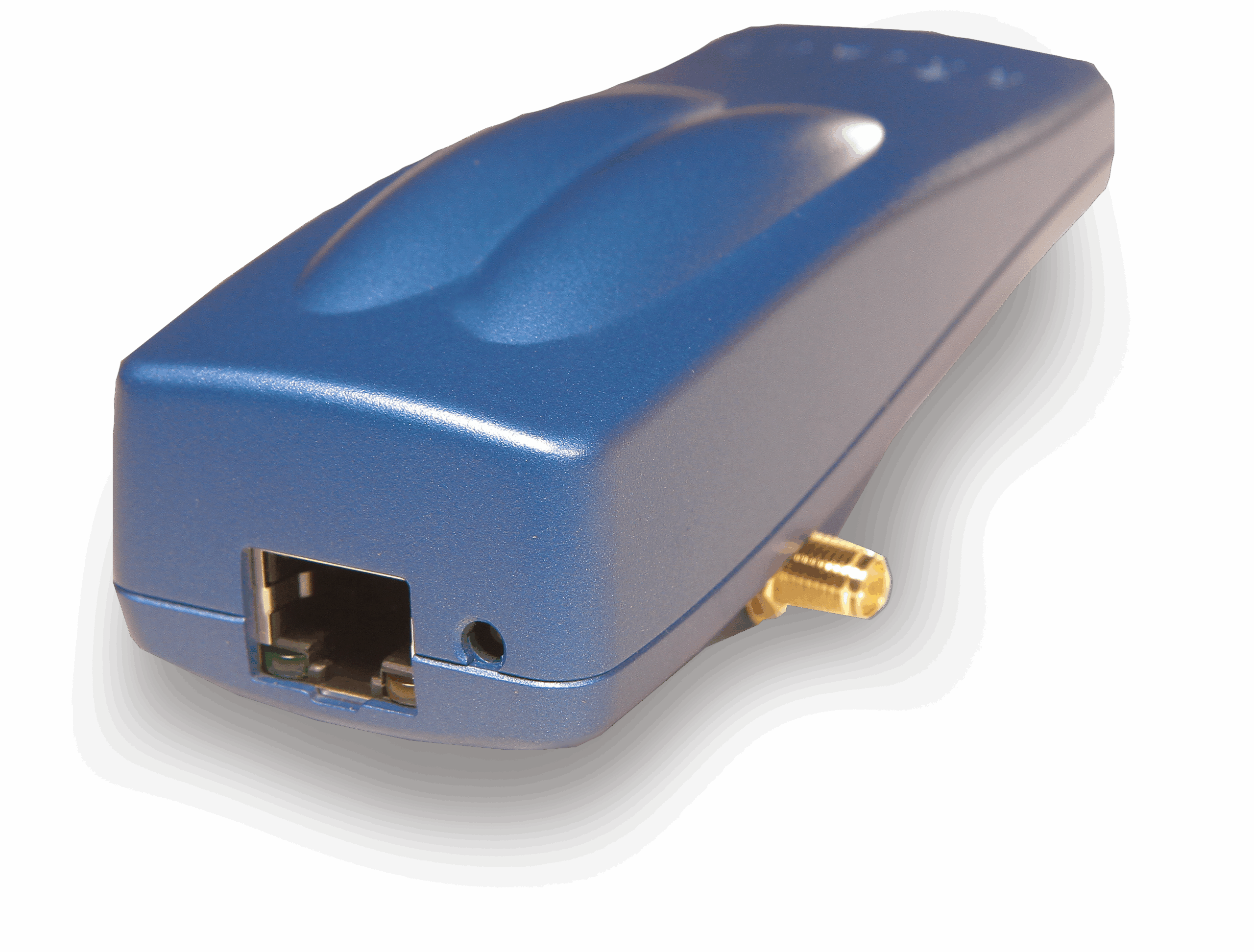 A close-up of a blue electronic device with an Ethernet port and a small gold connector on one end, set against a white background.