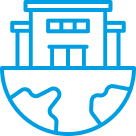 A blue line drawing of a building above a partial globe, suggesting a global institution or international organization.