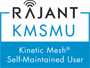Logo for Rajant KMSMU featuring the text "RAJANT KMSMU" and "Kinetic Mesh® Self-Maintained User" in a blue and black design, with a wireless signal icon above the letter A.