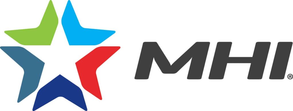 A stylized star logo with green, blue, and red segments appears to the left of bold, black letters "MHI" on a white background.