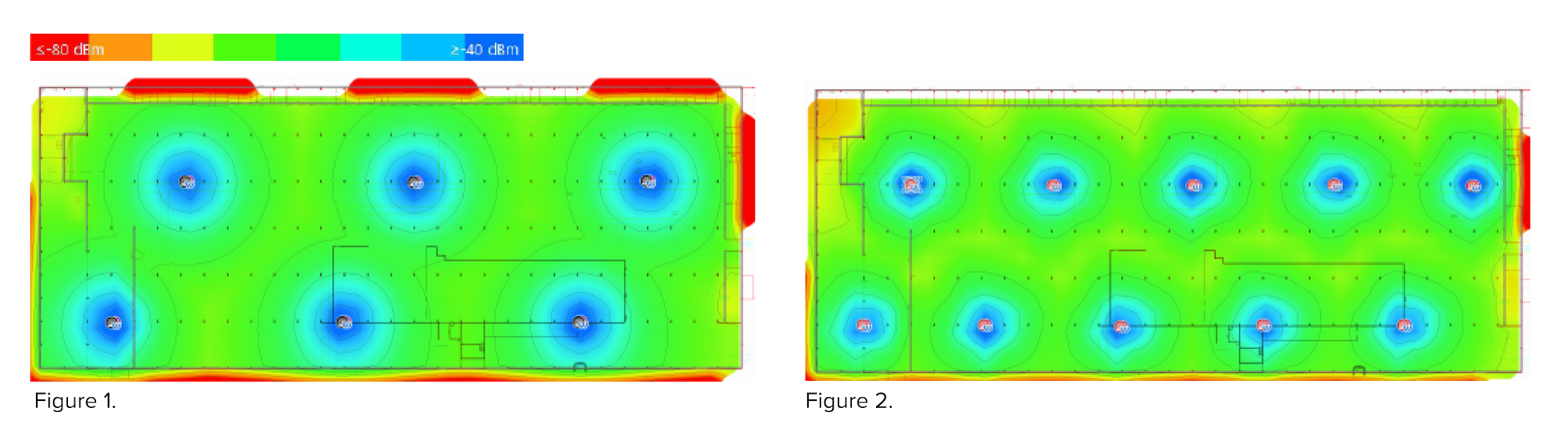 Side-by-side heatmaps of a rectangular room show light intensity from ceiling fixtures; red areas indicate high intensity, green is moderate, and blue is low. Figure 1 shows six lights; Figure 2 shows ten lights with more uniform coverage.