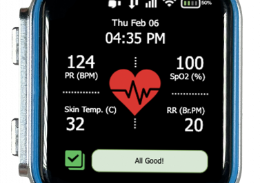 A smartwatch displaying health data, including heart rate (124 BPM), blood oxygen (100% SpO2), skin temperature (32°C), and respiration rate (20 breaths/min), with a heart icon and "All Good!" message on the screen.