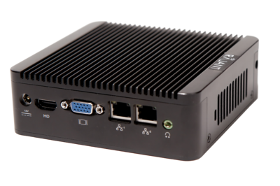 A small black computer box featuring two Ethernet ports, a VGA port, an HDMI port, a 12V power input, and a vented ribbed top for cooling. The word "RAJANT" is printed on the casing.