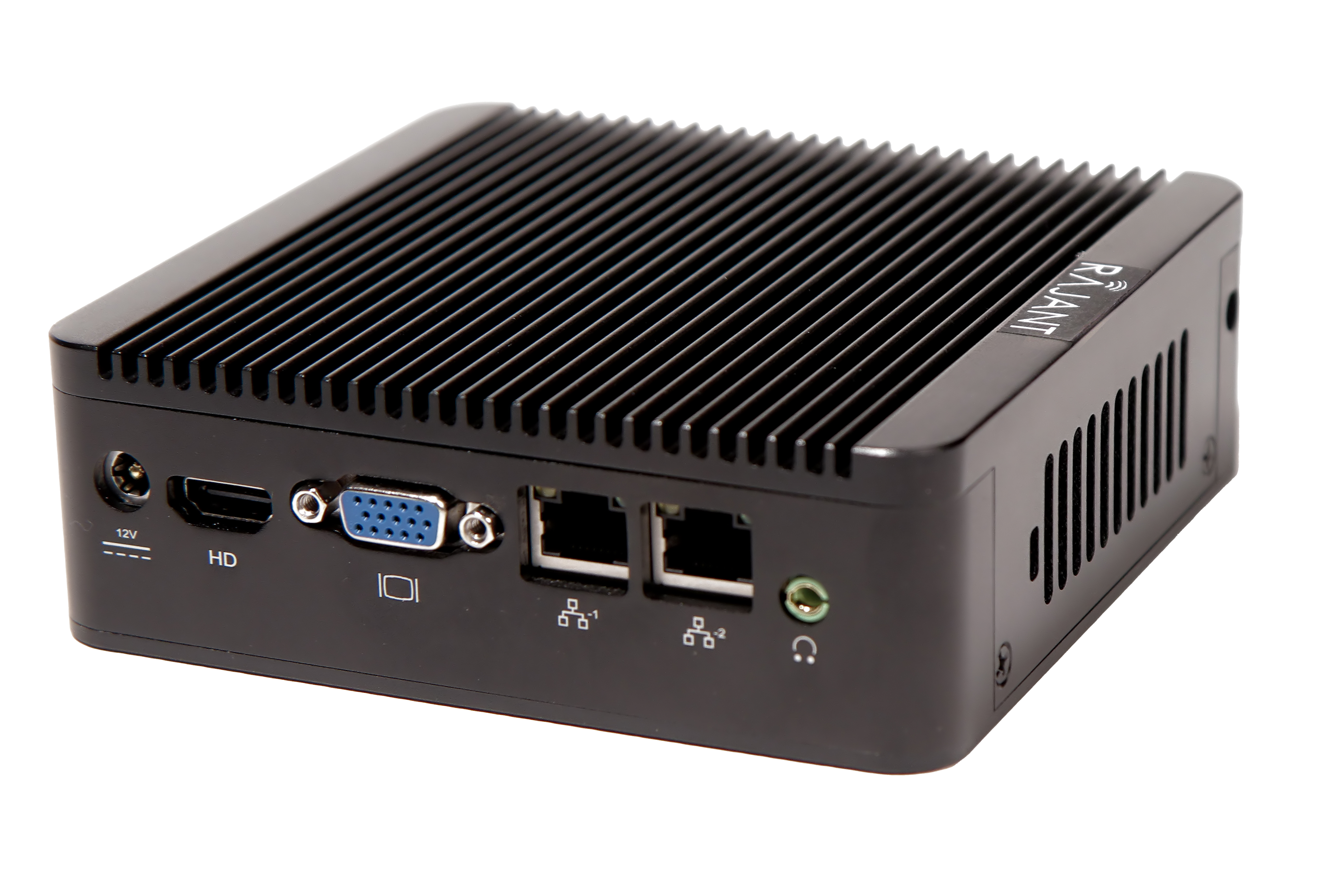 A small black computer box featuring two Ethernet ports, a VGA port, an HDMI port, a 12V power input, and a vented ribbed top for cooling. The word "RAJANT" is printed on the casing.