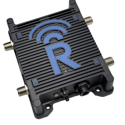 A black electronic device with four coaxial connectors labeled A, B, C, and D on its sides, featuring a large blue letter "R" and a wireless signal icon on its ribbed surface.