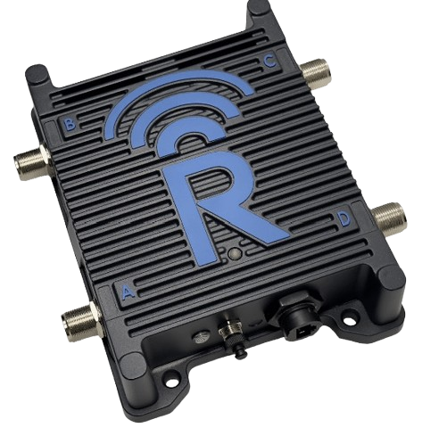 A black electronic device with a large blue "R" and wireless signal icon on top. It has four coaxial ports labeled A, B, C, and D, and additional connectors at the bottom.